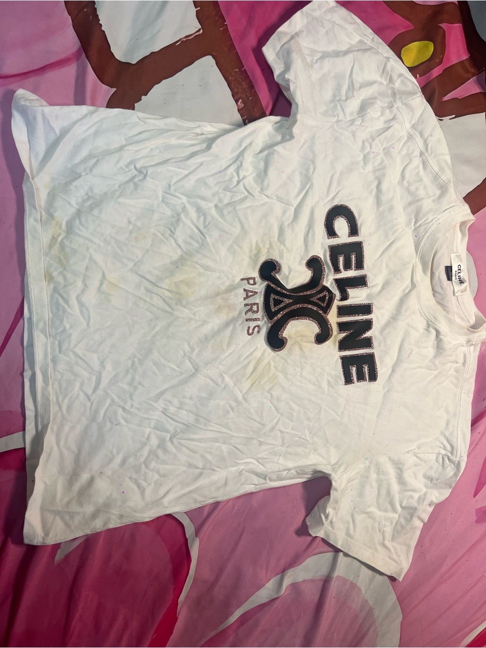 Celine White Kids Logo Short-Sleeve Tee